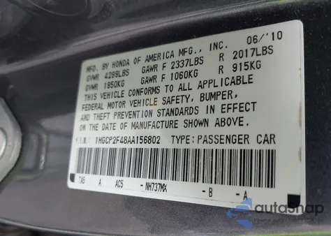 2010 Honda Accord 2.4 Lx-P z USA, uszkodzony, nr VIN 1HGCP2F48AA156802